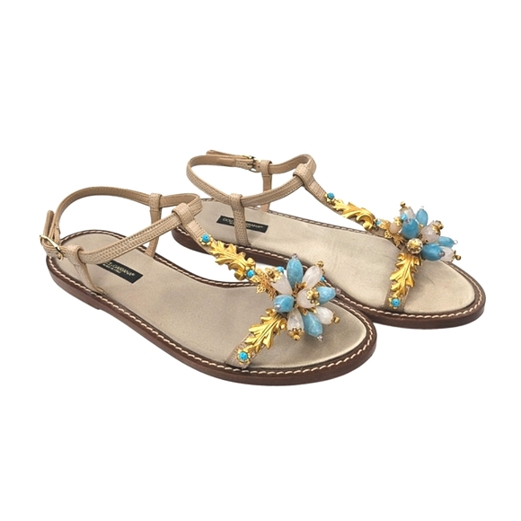 DOLCE & GABBANA Turquoise/white/gold Bejeweled Flat Thong Sandals W/ Ankle Strap - Picture 1 of 11